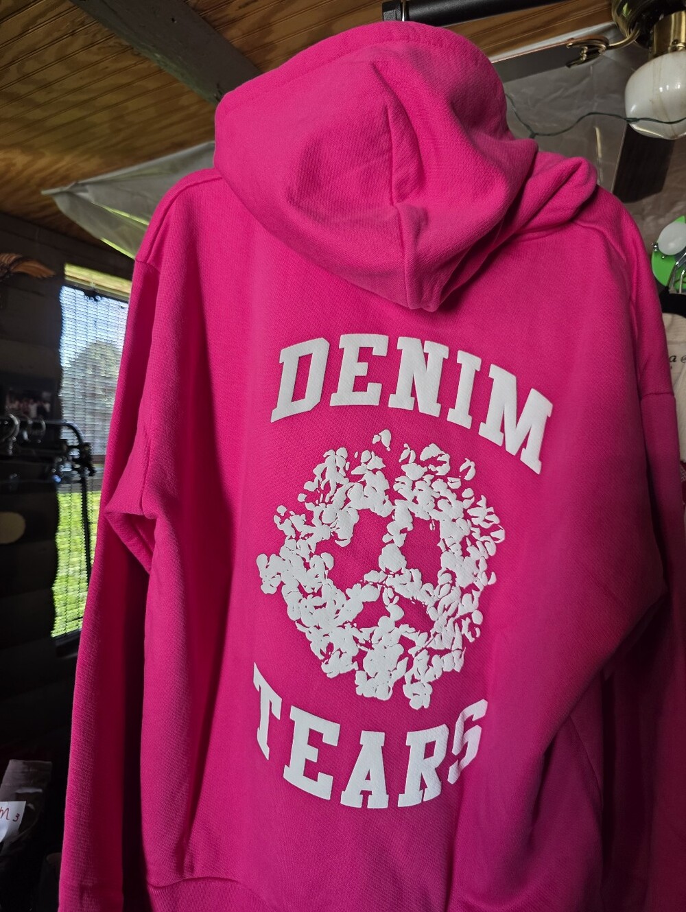 Denim Tears Pink Hooded Teddy Jacket with Floral Peace Logo